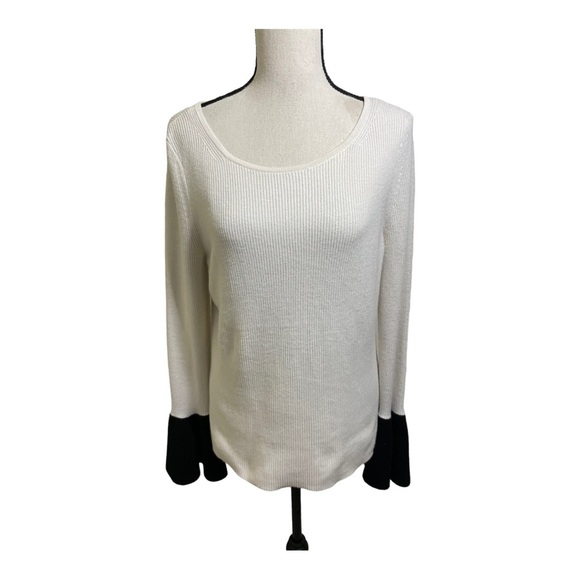Ramy Brook womens  francette ribbed bell sleeves sweater. White black. Large - Picture 4 of 12